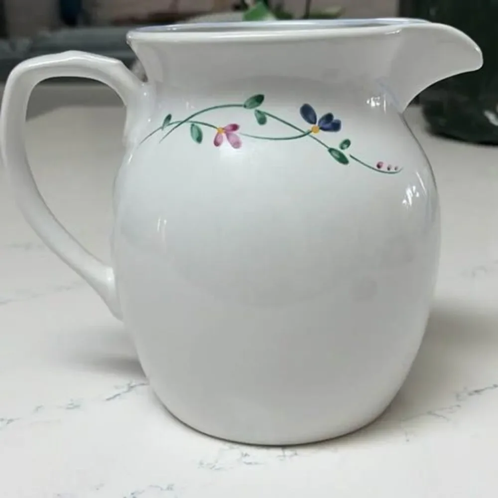 Vintage 7.5” White Ceramic Floral Water Pitcher | Cottage Style Serving Pitcher